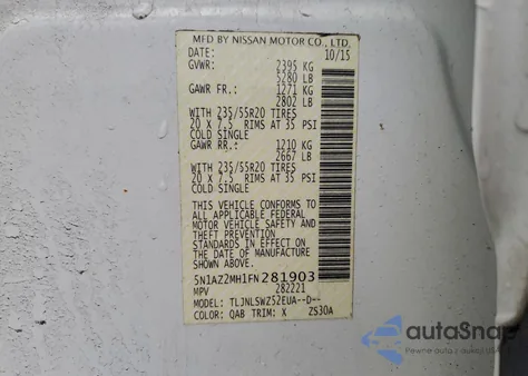 2015 Nissan Murano S из США, поврежденный, VIN 5N1AZ2MH1FN281903